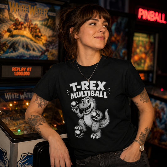 T-Rex Multiball Pinball T-Shirt, Retro Arcade Dinosaur Tee