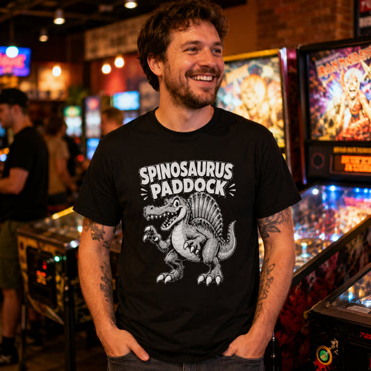 Spinosaurus Paddock Pinball T-Shirt, Retro Dinosaur Graphic Tee