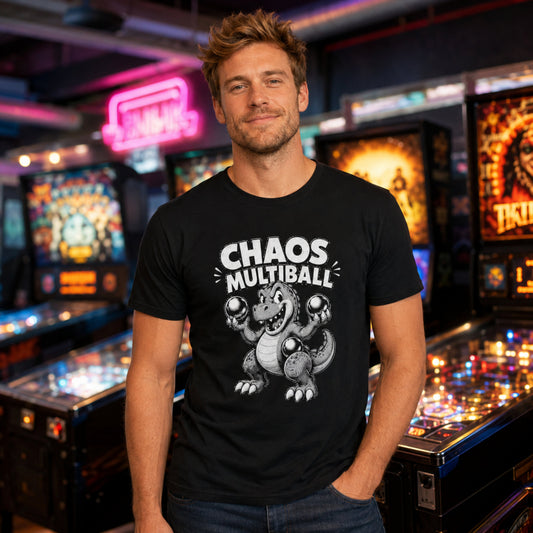 Chaos Multiball T-Shirt, Retro Dinosaur Pinball Tee