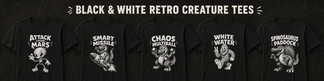 Black and White Retro Creature Tees With Pinball and Arcade Energy