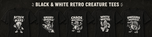 Black and White Retro Creature Tees With Pinball and Arcade Energy
