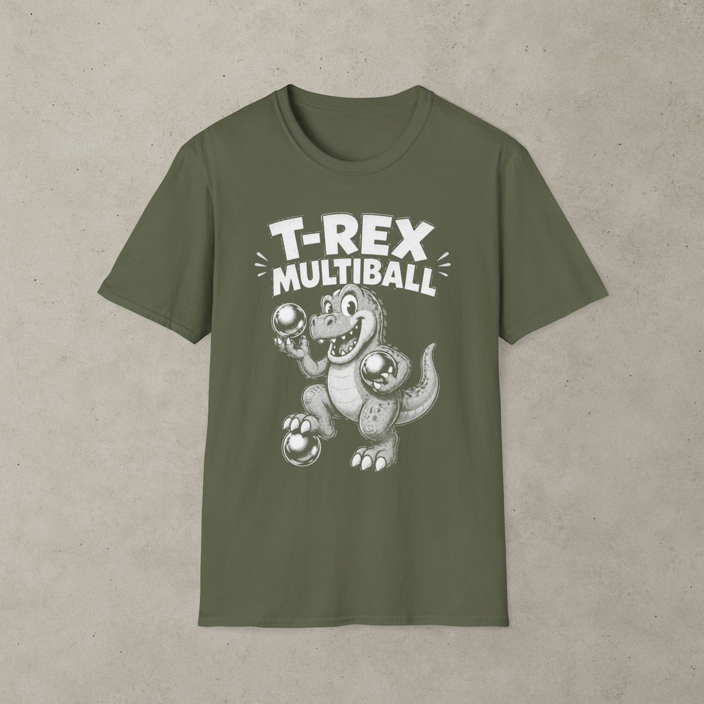 T-Rex Multiball Pinball T-Shirt, Retro Arcade Dinosaur Tee