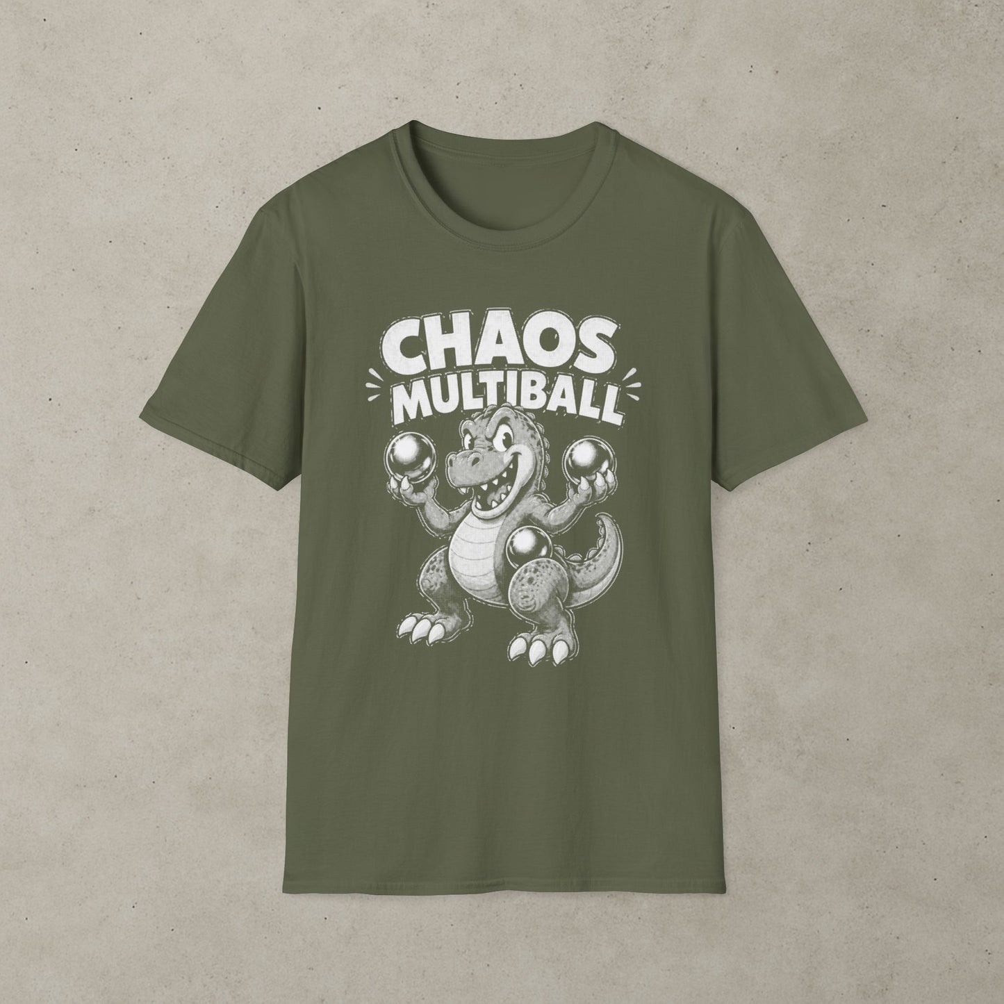 Chaos Multiball T-Shirt, Retro Dinosaur Pinball Tee